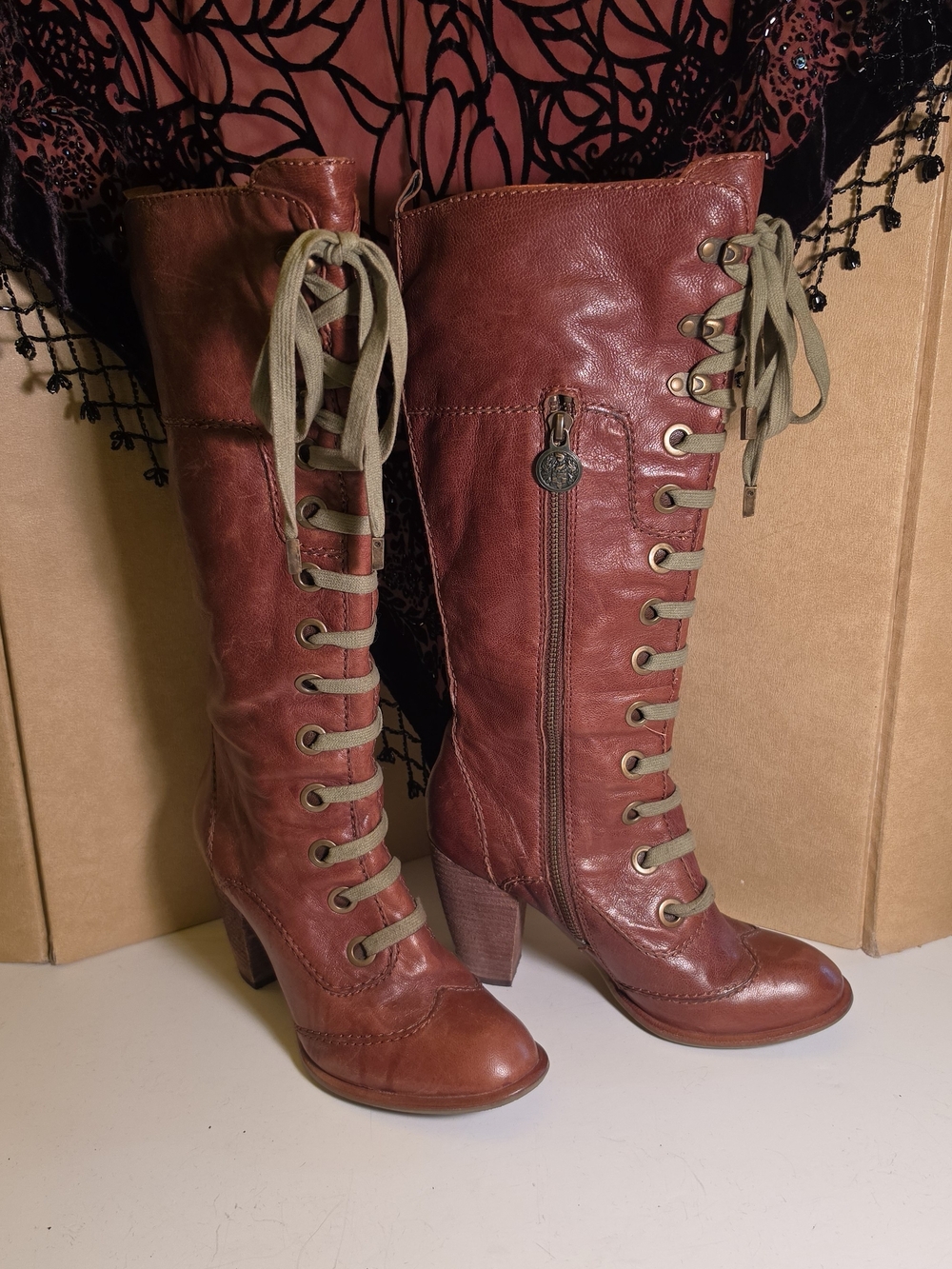 Vince Camuto Leather Cognac Lace-Up Leather Heeled Knee Boots